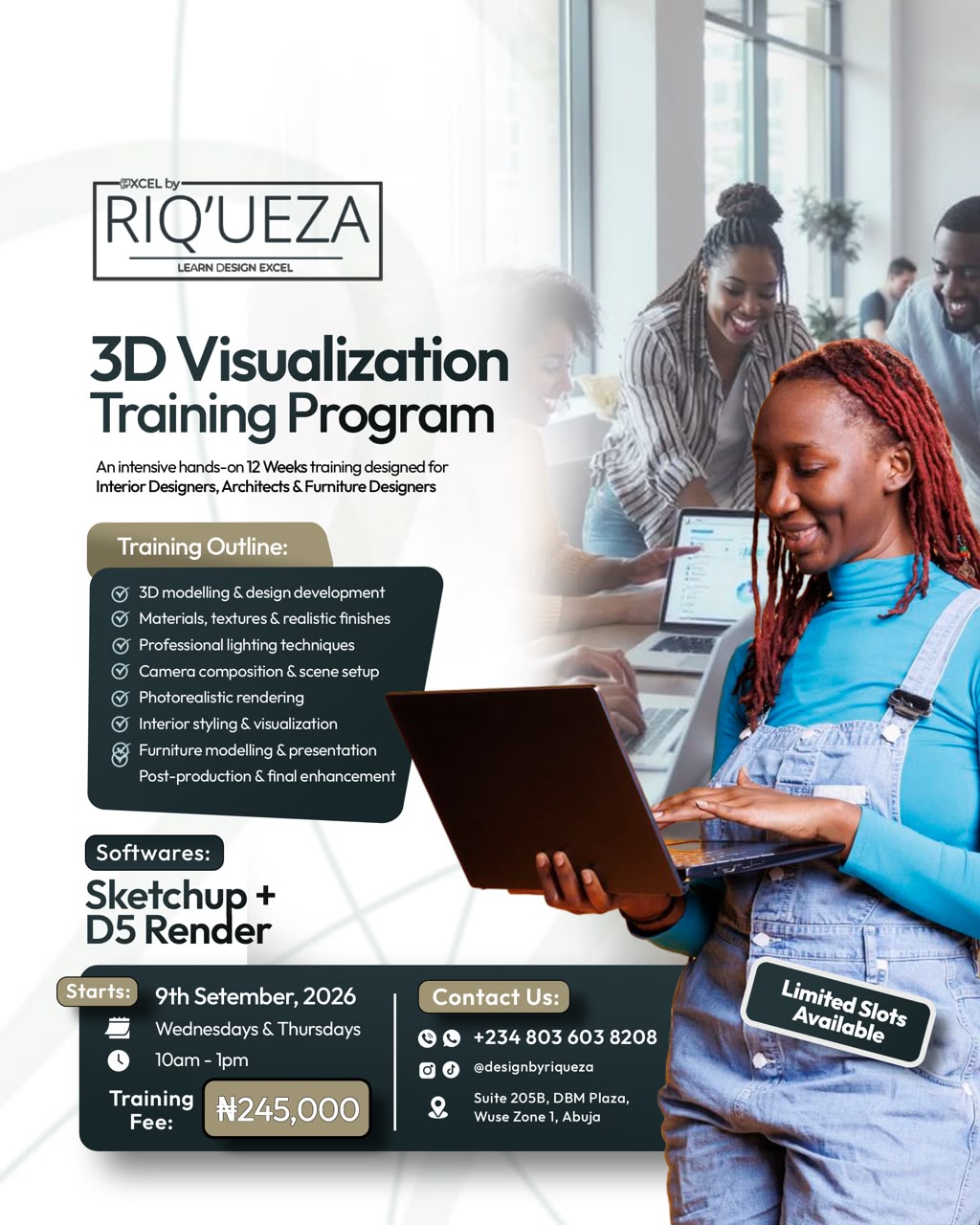 Xcel by Riqueza course flyer listing the academy's interior design courses and fees
